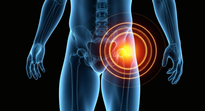 Male human anatomy showing hip joint pain and inflammation
