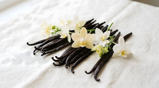 Vanilla Beans and Orchid Flowers on White Fabric Background.
