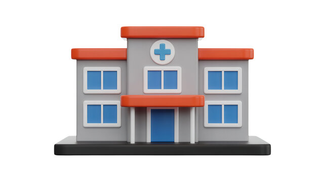 3d render of a hospital building icon, medical clinic facility with a cross sign on the front, isolated on transparent background