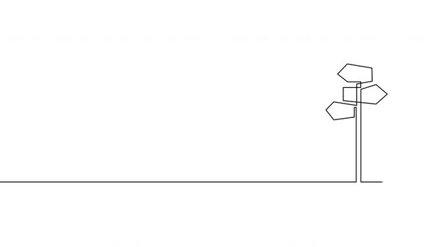 Continuous one line animation of a signpost with multiple direction arrows, representing choice and decision making. Minimal outline style with alpha channel, transparent background, 4K, horizontal