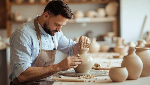 Potter crafts clay vase in workshop