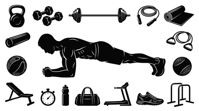 Black and White Vector Icon Set for Fitness and Exercise, Healthy Lifestyle