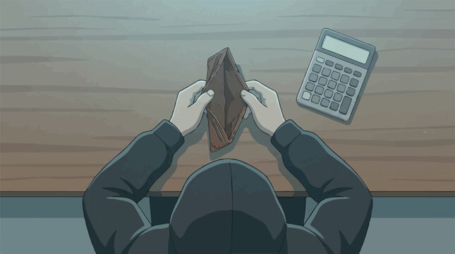 Person Holding Empty Wallet on Desk with Calculator Financial Stress