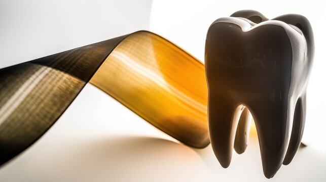 Advanced Dental Implant Technology: A 3D model of a molar tooth with a futuristic golden biomaterial ribbon, concept for prosthodontics and oral surgery innovation.