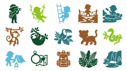 Obraz premium Jungle Safari Kids Adventure Flat Glyph Icons Set