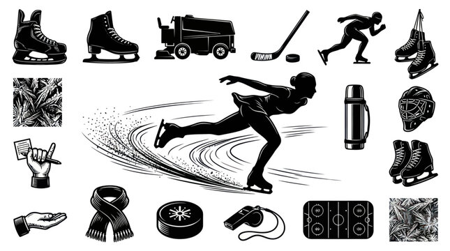 Winter Ice Sports Black  White Line Art Icons Set - Skating, Hockey, Zamboni