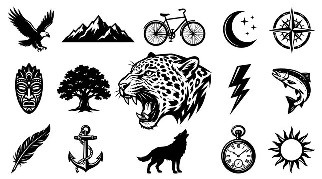 Black and White Icons: Eagle, Mountains, Bike, Moon, Compass, Mask, Tree, Leopard, Bolt, Fish, Feather, Anchor, Wolf, Clock, Sun
