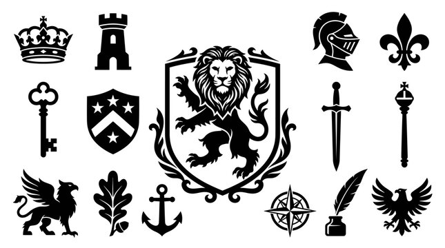 Heraldic Symbols Black and White Glyphs: Lion, Crown, Sword, Knight