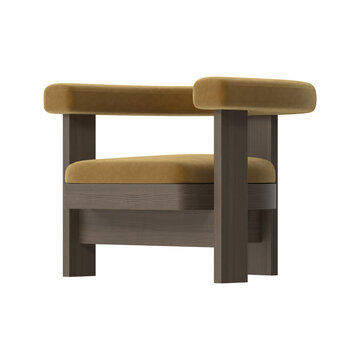 Contemporary Lounge Chair with Curved Velvet Back and Dark Wood Frame Three Quarter View on White Background