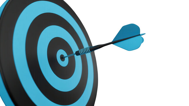 Dart hitting the bullseye on a black and blue target with point scoring bulls eye bullseye accuracy precision strategy competition achievement objective performance business