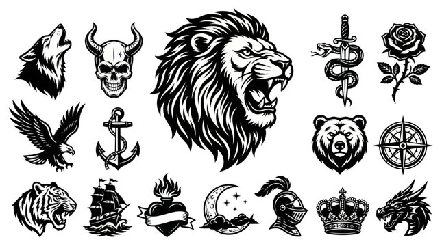 Vintage Black and White Tattoo Style Vector Icons Set