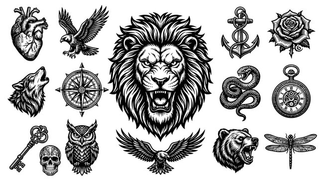 Black and White Tattoo Design Elements: Lion, Eagle, Wolf, Rose, Skull, Compass