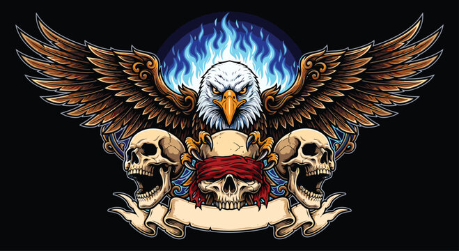 vector image of an eagle and three skulls