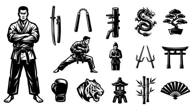 Black and White Vector Illustration Set of Martial Arts and Traditional Asian Culture Icons