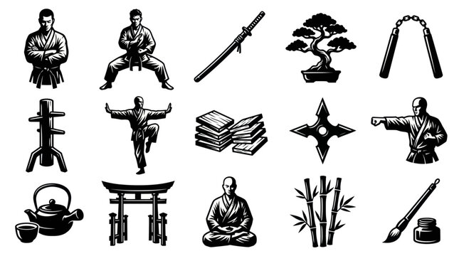 Black  White Martial Arts and Asian Culture Vector Icons Set