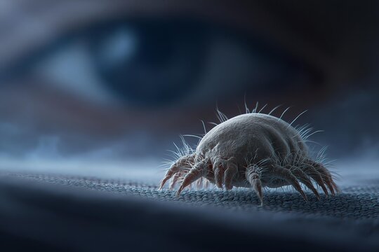 Microscopic dust mite with many legs on a textured surface, close-up