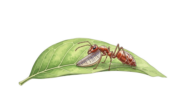 An ant carries its larva across a green leaf.