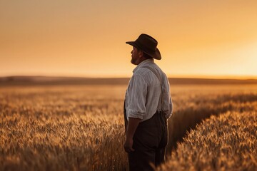 Fototapeta premium Farmer contemplates a golden wheat field at sunset, embodying perseverance