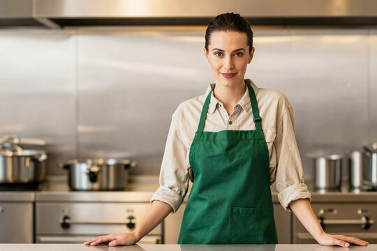 A woman in a kitchen apron. Chef work in the cuisine. Cook in uniform, protection apparel. Job in food service. Professional culinary. Green fabric apron, casual clothing. Handsome baker posing