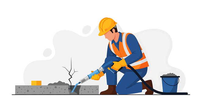 Construction worker repairing concrete with sealant gun.