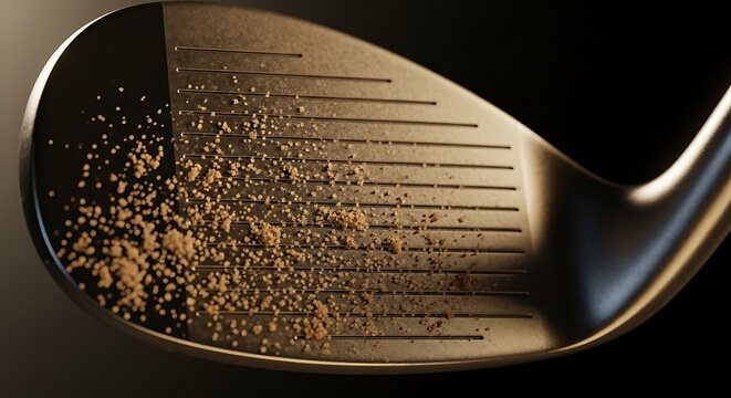Golf club head with sand particles scattered on its surface is photographed closely on a dark background