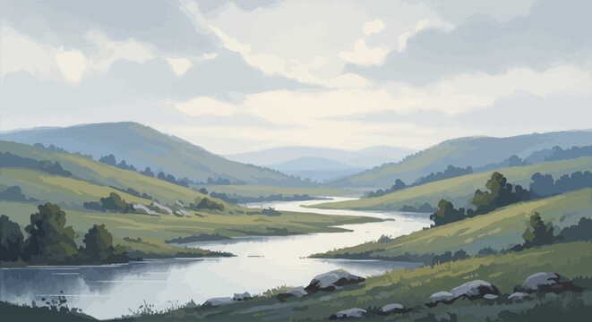 Serene digital landscape of a winding river through rolling green hills.