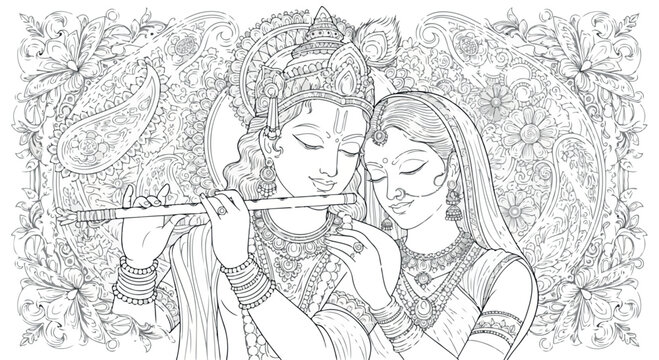Intricate line drawing of Krishna and Radha in traditional attire sharing a flute amidst ornate floral patterns