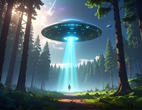 A futuristic spaceship hovers above a forest, casting a blue beam