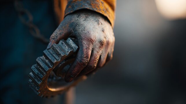 Industrial worker hand holding gritty gear with oil stains workshop setting close-up perspective mechanical concept