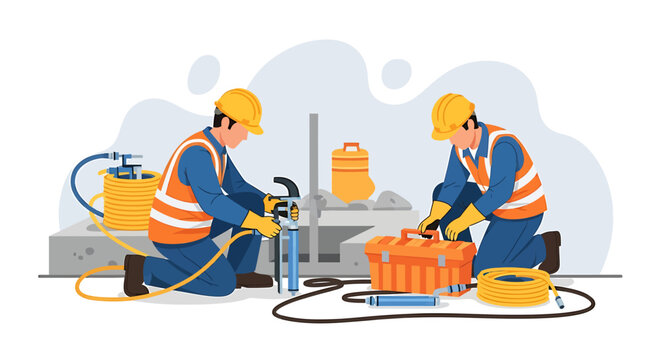 Two construction workers in hard hats and safety vests performing industrial work.