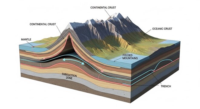 Geological Cross-Section Illustrating Mountain Formation Through Plate Tectonics.