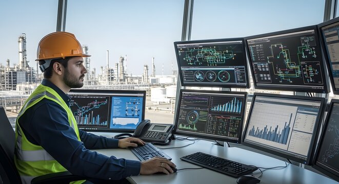 Engineer monitoring industrial control system at chemical plant