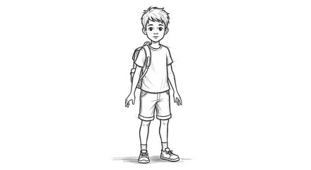 Fototapeta premium Young boy with backpack, standing, school, casual clothes, sketch style