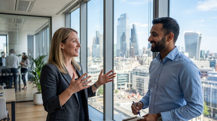 Plakat Smiling diverse business colleagues discussing strategy by a window with a city skyline view in a modern London office