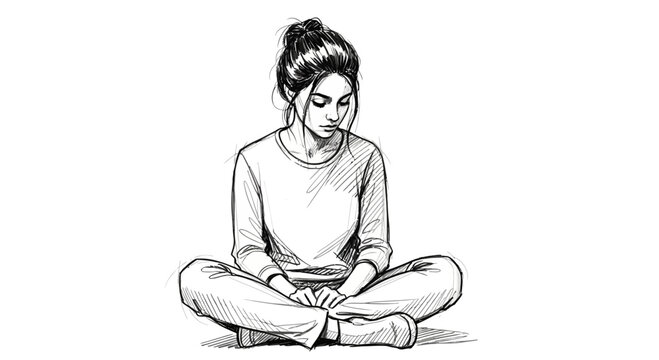 Young woman sitting cross-legged, looking down, contemplative pose, sketch style