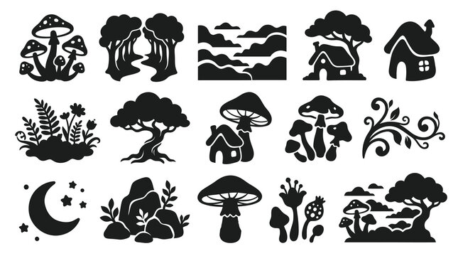 Whimsical Fantasy Nature Silhouettes Vector Set - Mushrooms, Trees, Houses, Forest, Moon Icons