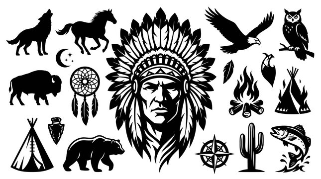 Native American Warrior Chief Headdress Black  White Vector Icons