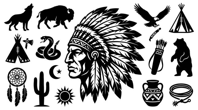 Native American Chief Headdress, Animals, Symbols - Black  White Vector Art