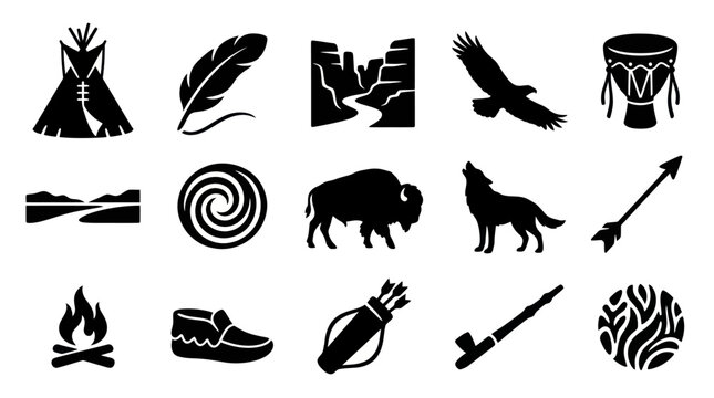 Native American Icons Collection: Teepee, Feather, Buffalo, Wolf, Drum, Arrow
