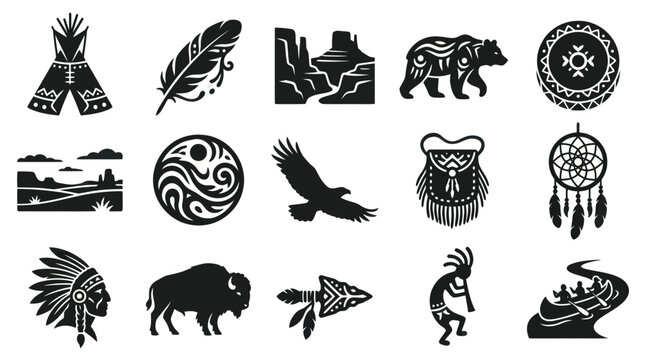 Native American Icons: Teepee, Feather, Bear, Eagle, Buffalo, Canoe, Glyph Art