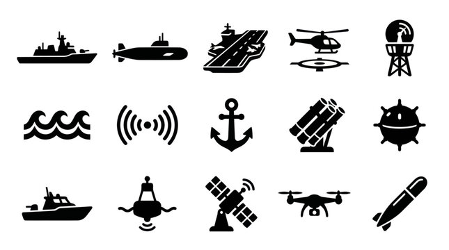 Navy Military Icons - Warship, Submarine, Aircraft Carrier, Helicopter, Radar, Anchor, Drone