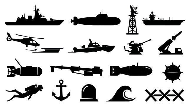 Military Navy Fleet Icons: Ships, Submarine, Helicopter, Weapons, Anchor, Diver