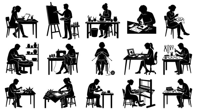 Black and White Silhouettes of People Engaged in Various Artistic Hobbies