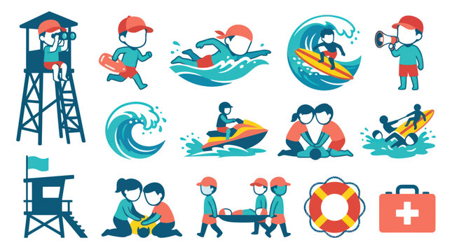 Lifeguard Icons Set: Beach Safety, Rescues, and First Aid - Flat Style