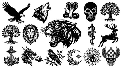 Obraz premium Black White Line Art Graphic Design Elements: Animals, Skulls Symbolic Icons Collection