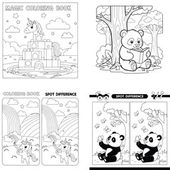 Obraz premium Interactive kids coloring pages with spot the difference puzzles featuring fantasy unicorns and cute pandas reading books, coloring