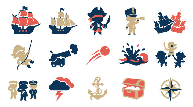 Pirate Adventure Flat Graphic Icons Set - Nautical Symbols and Elements Vector Illustration