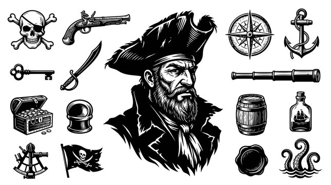 Black and White Pirate and Maritime Adventure Icon Set in Engraving Style