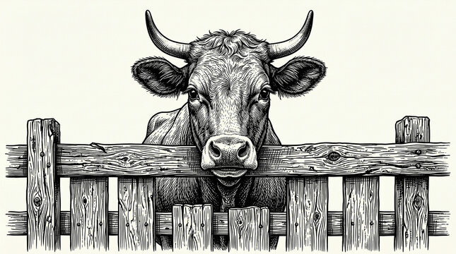 Vintage woodcut of a cow head peeking over a rustic picket fence in black and white