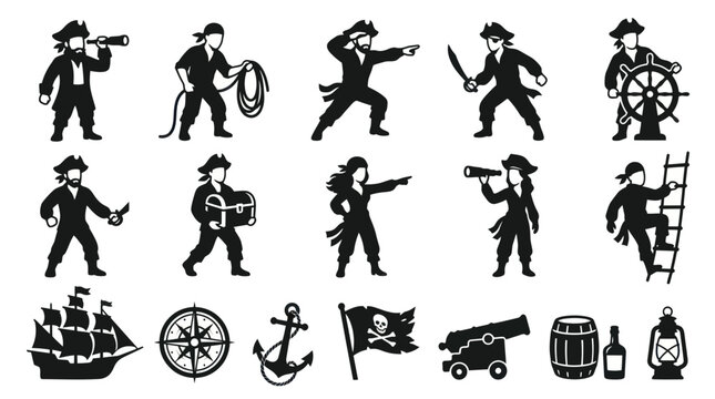 Pirate Adventure Glyphs Set - Marine Icons  Silhouettes for Nautical Design